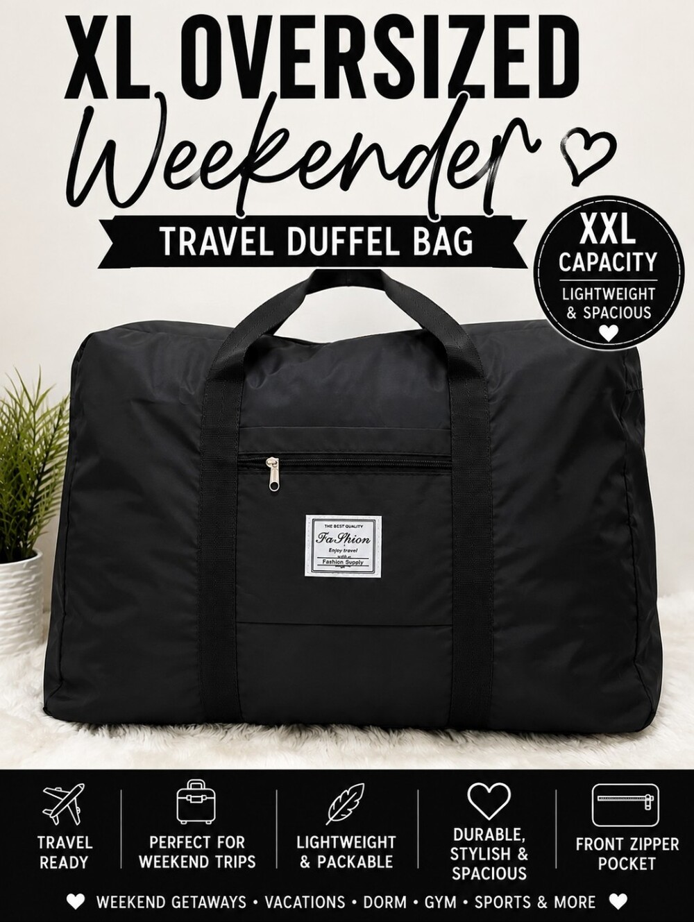 Black XL Oversized Waterproof Weekender Travel Duffel Lightweight Overnight Bag